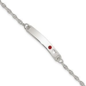 925 Sterling Silver Polished Childrens ID with Red CZ Heart Bracelet, 5.5 Length